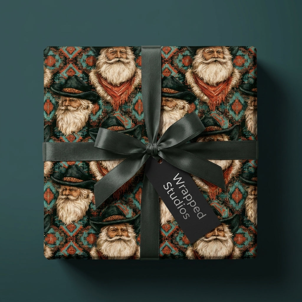 Western cowboy Santa Christmas wrapping paper with dark green bow, by Wrapped Studios.