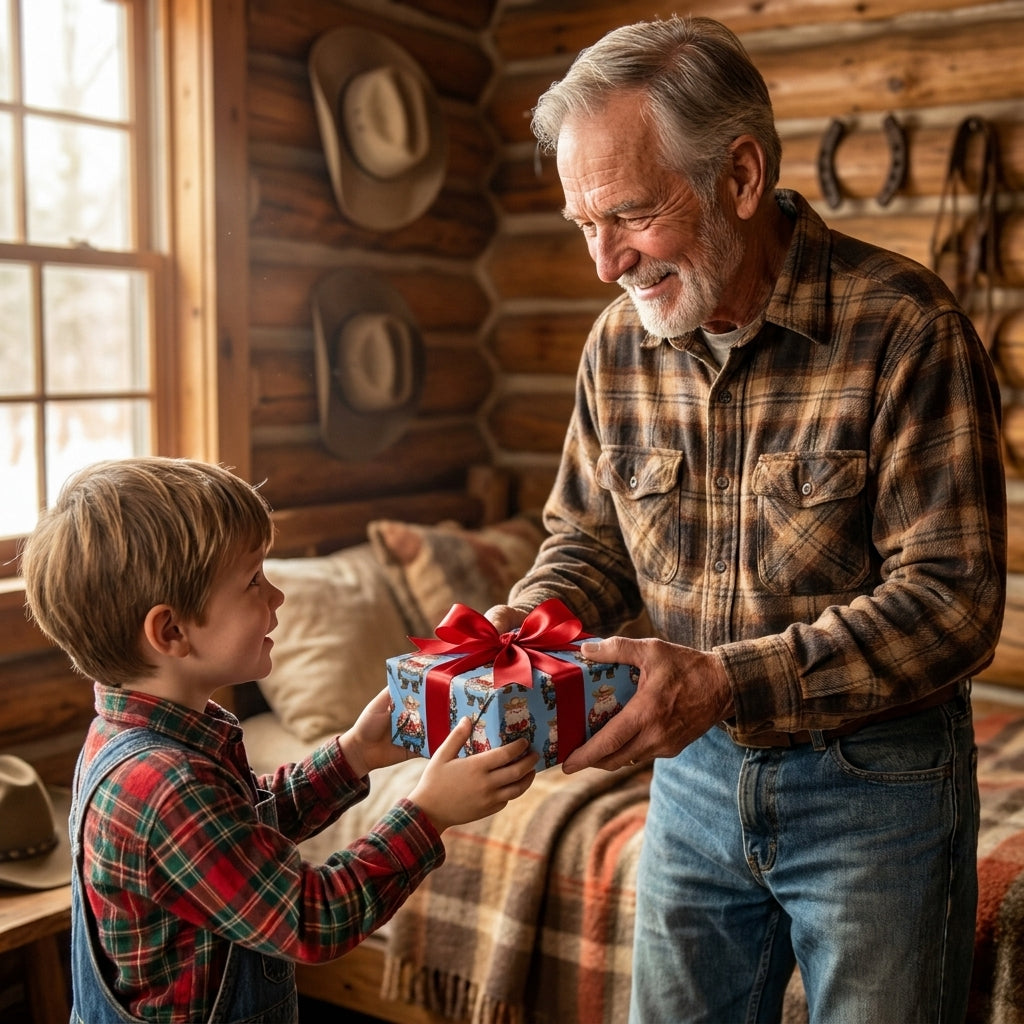 Grandfather giving a boy a gift in cowboy Christmas wrapping paper with a red bow, by Wrapped Studios.
