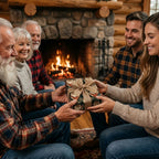 Family exchanging a gift in vintage Santa Christmas wrapping paper by the fireplace. Wrapped Studios.