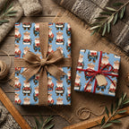 Blue cowboy Christmas wrapping paper with western Santa pattern on rustic gifts by Wrapped Studios.