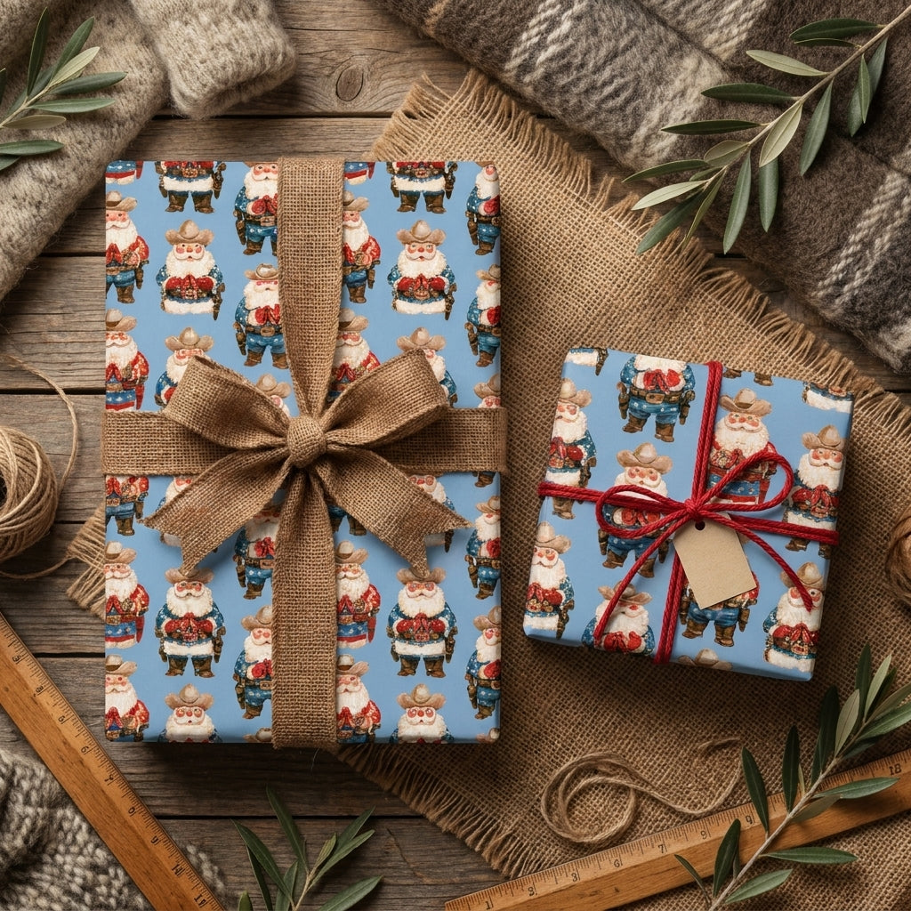 Blue cowboy Christmas wrapping paper with western Santa pattern on rustic gifts by Wrapped Studios.