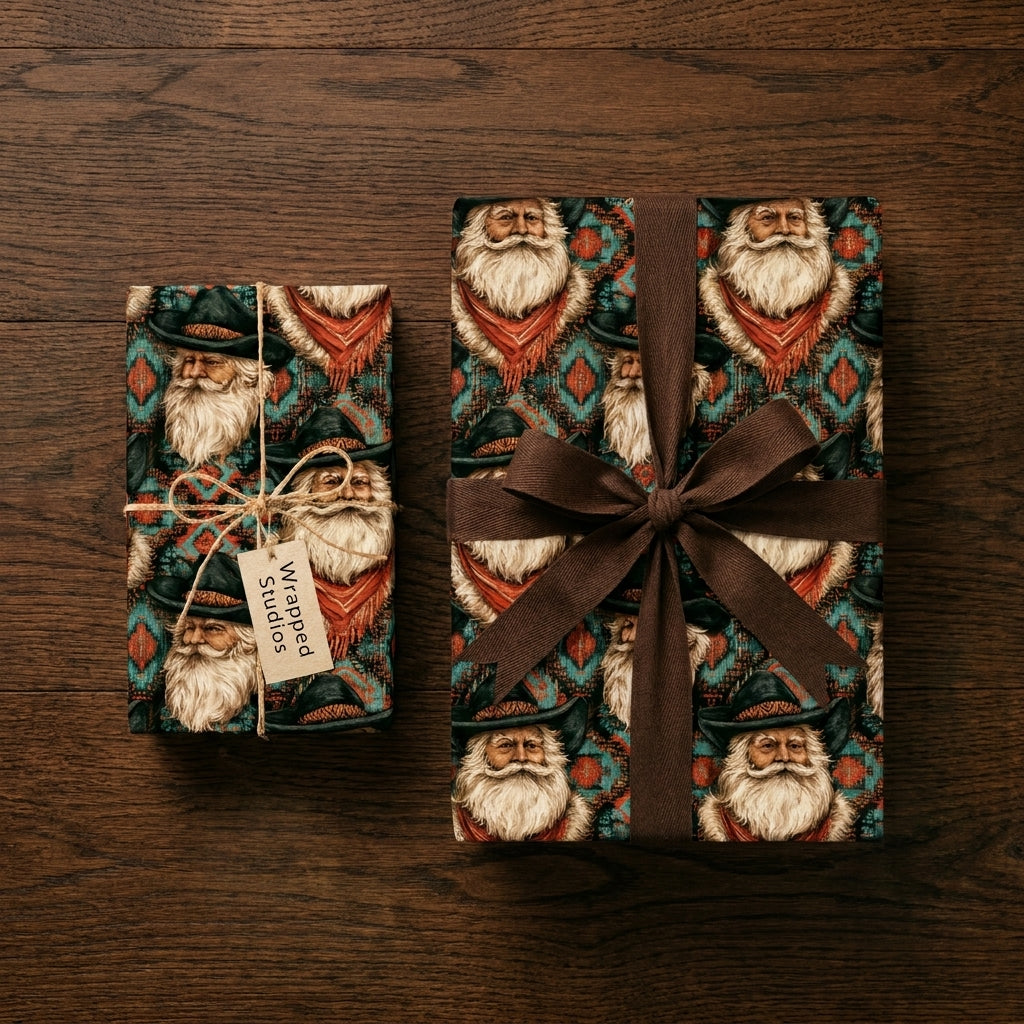 Western cowboy Santa Christmas gift wrap by Wrapped Studios on rustic gift boxes with a brown bow.
