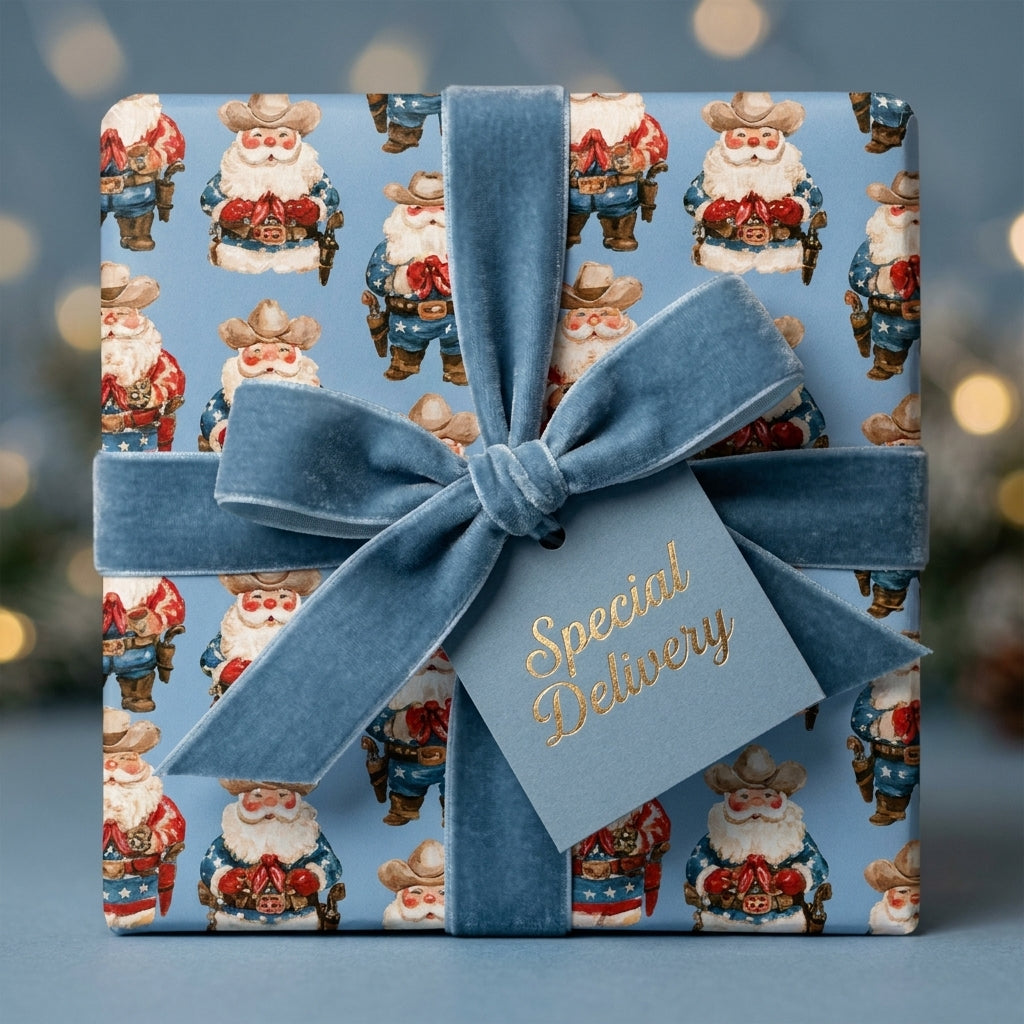 Western cowboy Santa Christmas wrapping paper with a blue velvet bow and tag by Wrapped Studios.