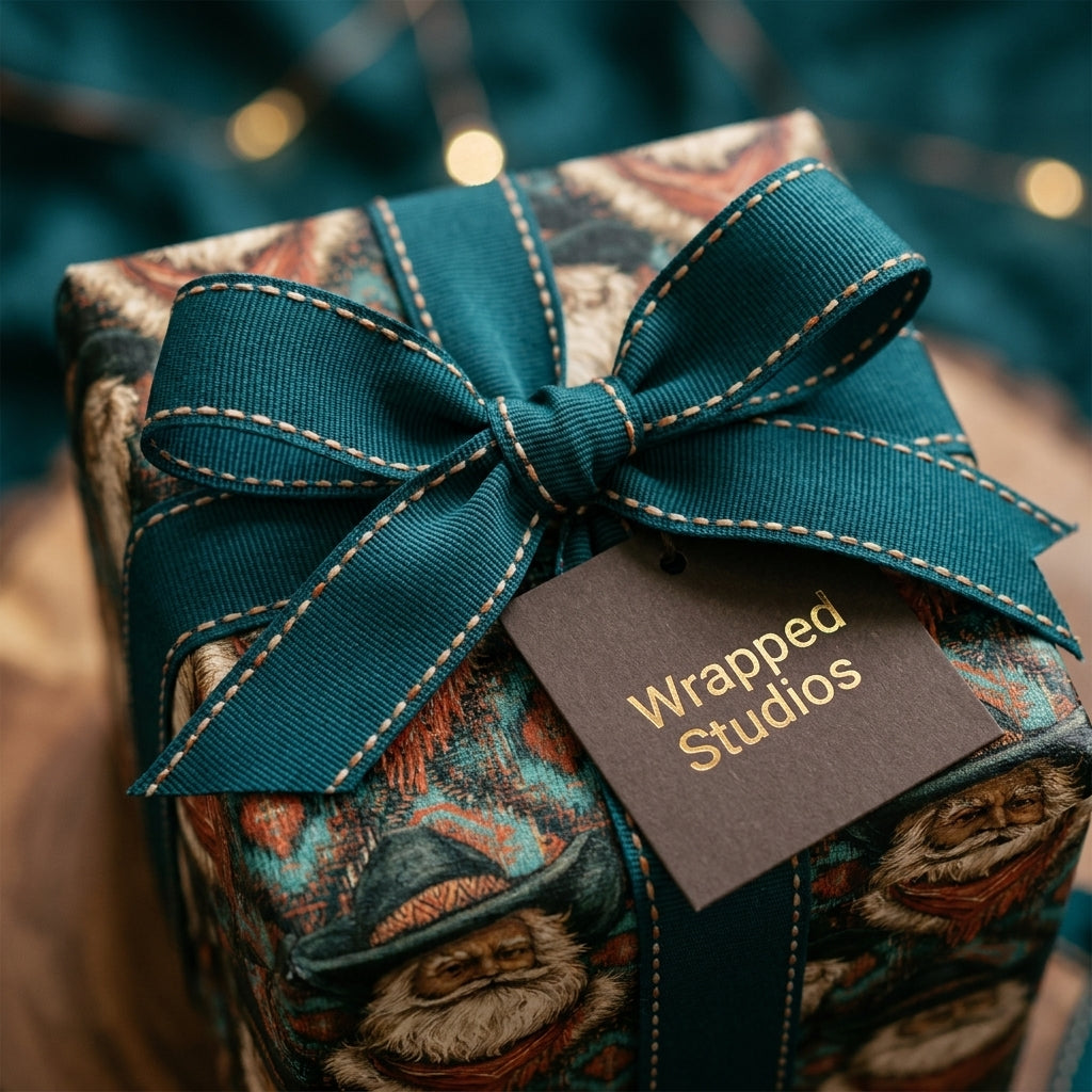 Vintage cowboy Santa Christmas wrapping paper with a teal ribbon and Wrapped Studios gift tag.