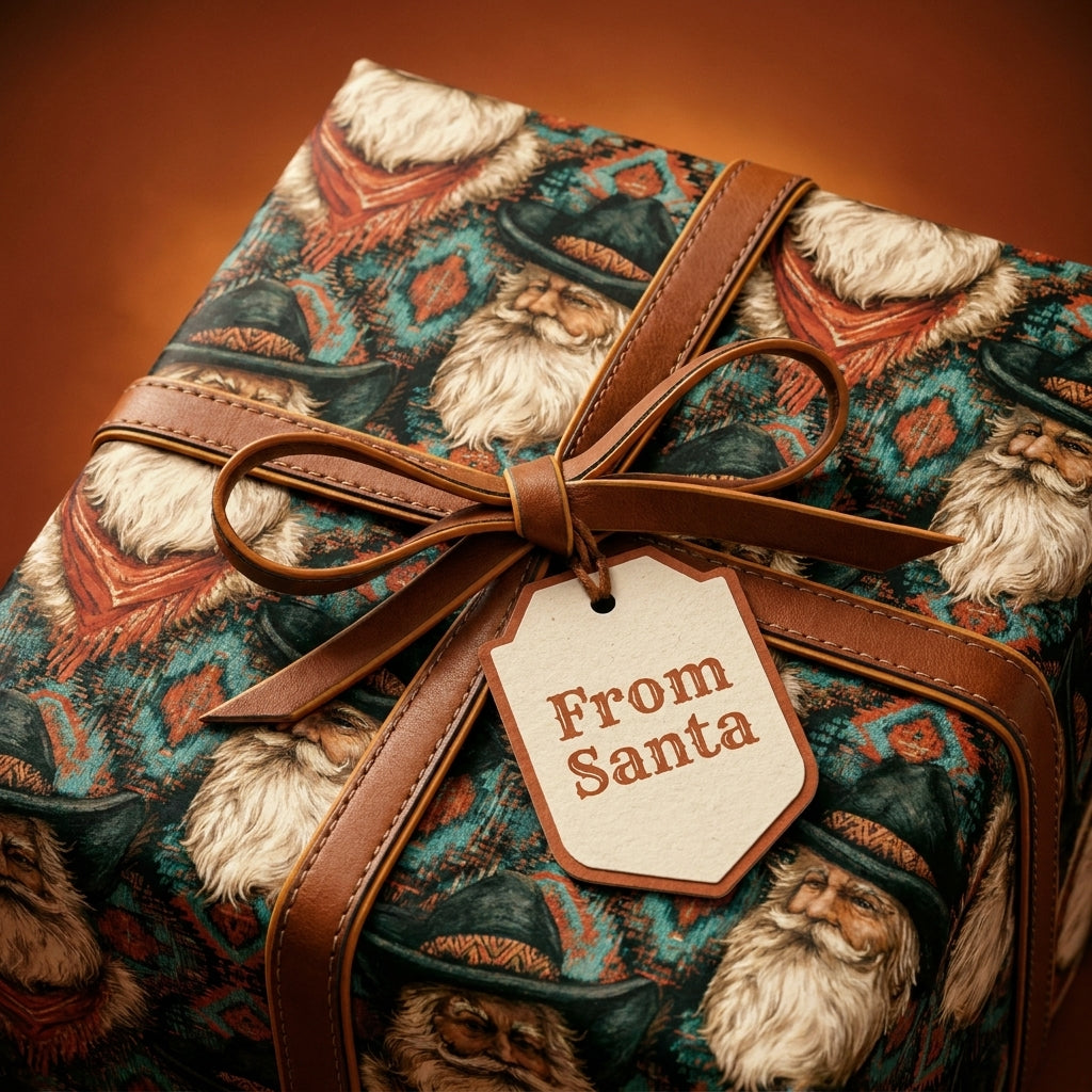Western Christmas gift wrap with cowboy Santa, leather ribbon, and gift tag by Wrapped Studios.