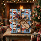 Western cowboy Santa Christmas wrapping paper by Wrapped Studios on a rustic gift with a twine bow.