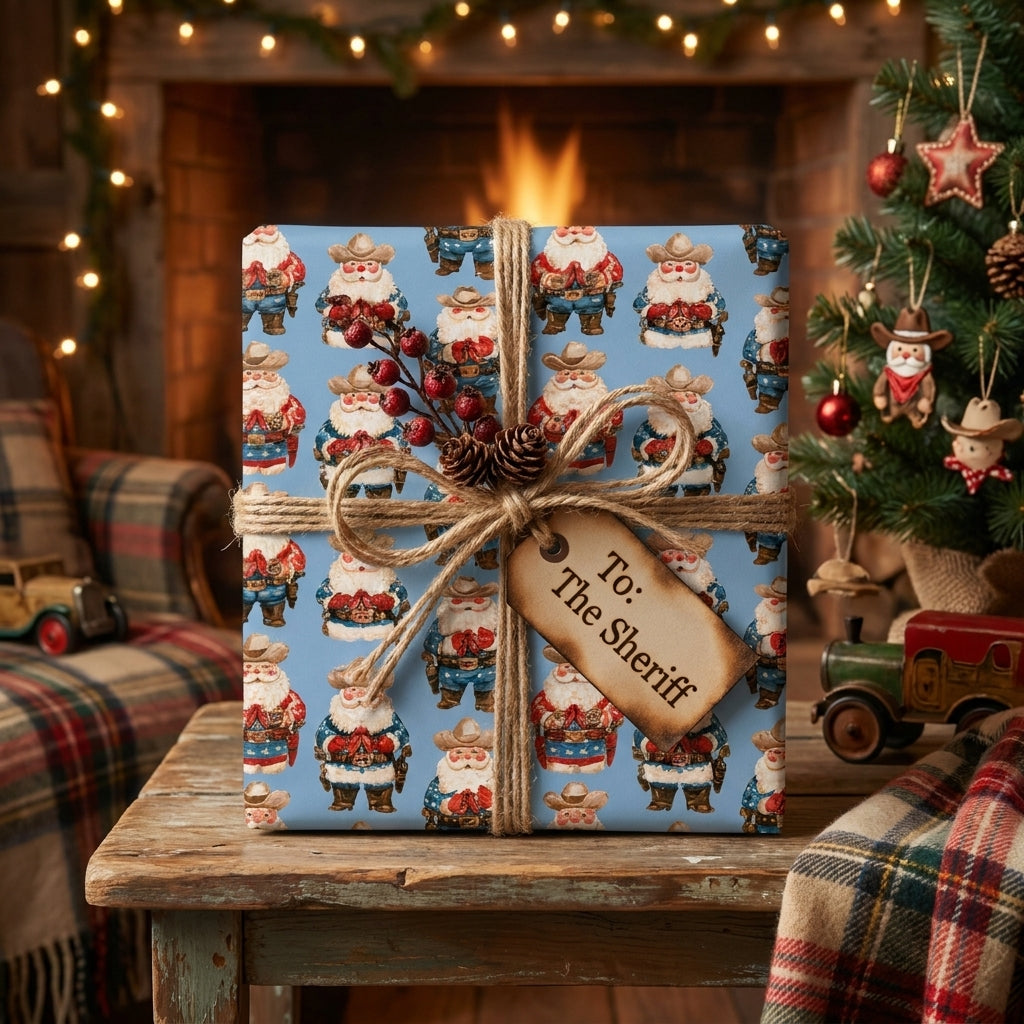 Western cowboy Santa Christmas wrapping paper by Wrapped Studios on a rustic gift with a twine bow.