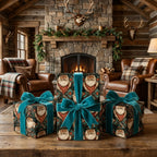 Vintage cowboy Santa Christmas wrapping paper with teal velvet ribbons by Wrapped Studios.