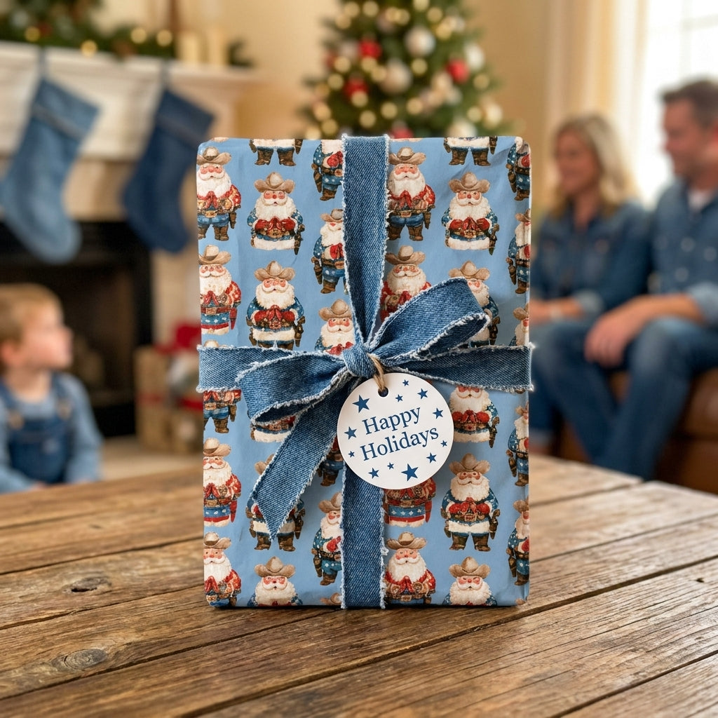 Western cowboy Santa wrapping paper with denim ribbon on a Christmas gift by Wrapped Studios.