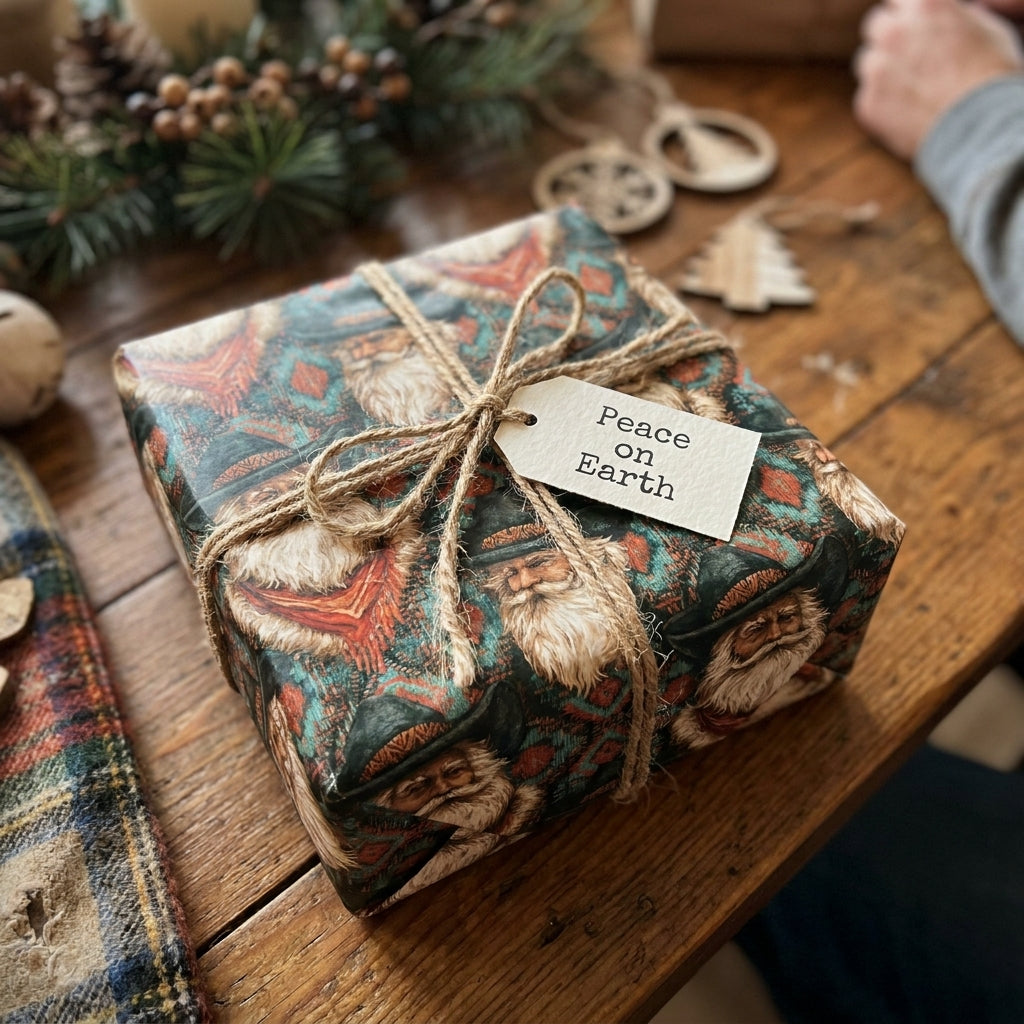 Vintage cowboy Santa Claus Christmas wrapping paper tied with rustic twine, by Wrapped Studios.