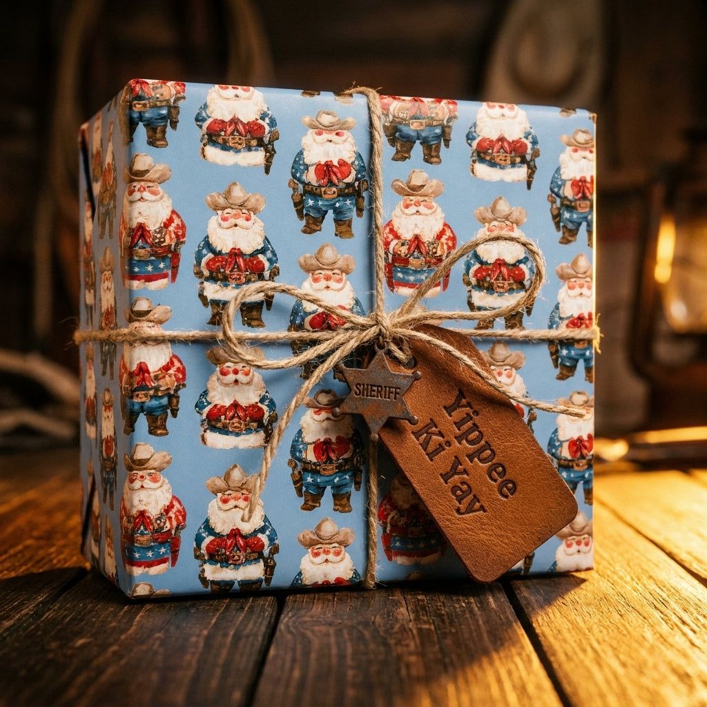 Western cowboy Santa wrapping paper on a rustic Christmas gift with twine by Wrapped Studios.