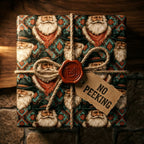 Western cowboy Santa wrapping paper on a rustic Christmas gift, by Wrapped Studios.