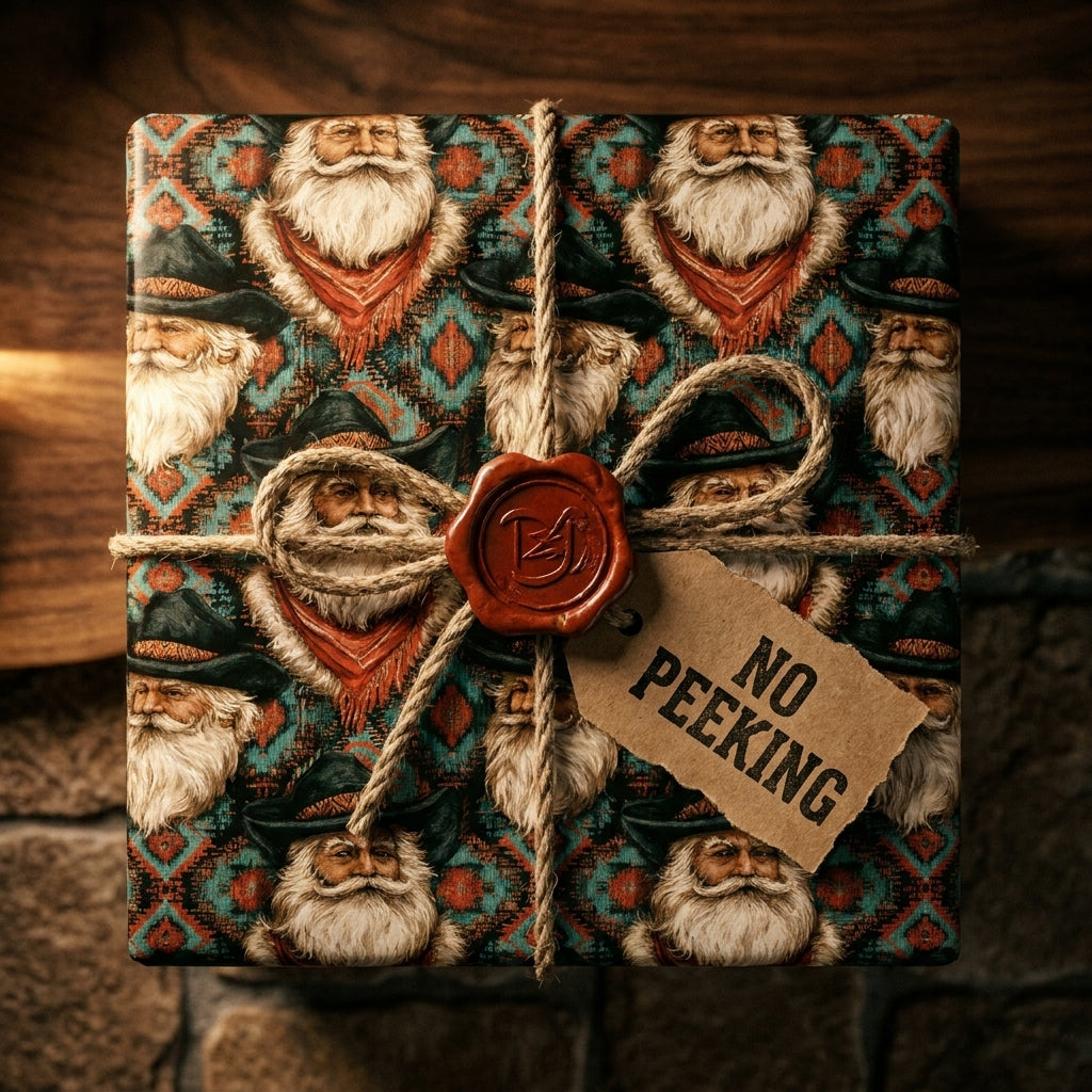 Western cowboy Santa wrapping paper on a rustic Christmas gift, by Wrapped Studios.
