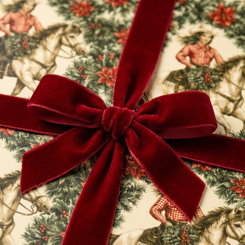 Vintage western Christmas wrapping paper with cowgirls on horses, tied with a red velvet bow by Wrapped Studios.