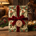 Rustic western Christmas gift wrap with vintage cowgirl pattern and red velvet bow by Wrapped Studios.