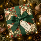 Western Christmas wrapping paper by Wrapped Studios with a green ribbon bow and a Merry & Bright gift tag.