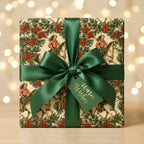 Western cowgirl Christmas wrapping paper with green satin ribbon and gift tag by Wrapped Studios.