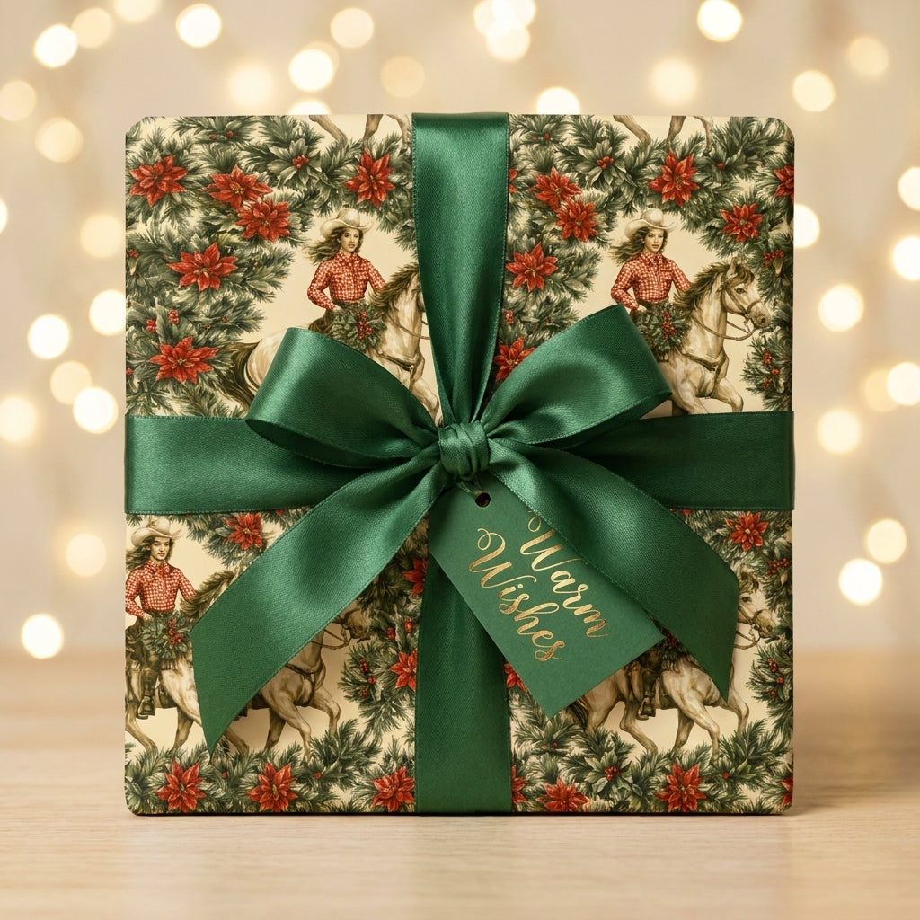 Western cowgirl Christmas wrapping paper with green satin ribbon and gift tag by Wrapped Studios.
