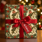Vintage western Christmas wrapping paper with a cowgirl on a horse and red ribbon by Wrapped Studios.