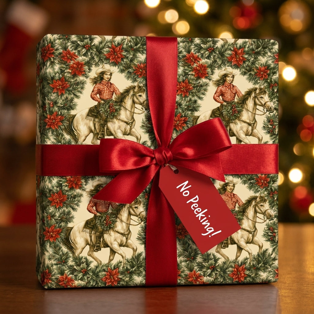 Vintage western Christmas wrapping paper with a cowgirl on a horse and red ribbon by Wrapped Studios.