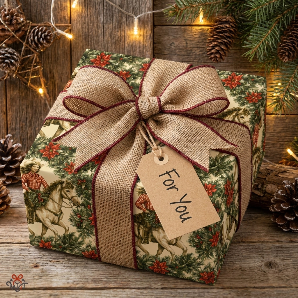 Rustic cowgirl Christmas wrapping paper with burlap bow and gift tag by Wrapped Studios.