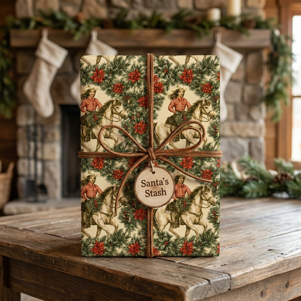 Rustic cowgirl Christmas wrapping paper with horses and a leather bow, by Wrapped Studios.
