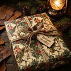 Vintage cowgirl Christmas wrapping paper with a rustic western pattern and twine bow by Wrapped Studios.