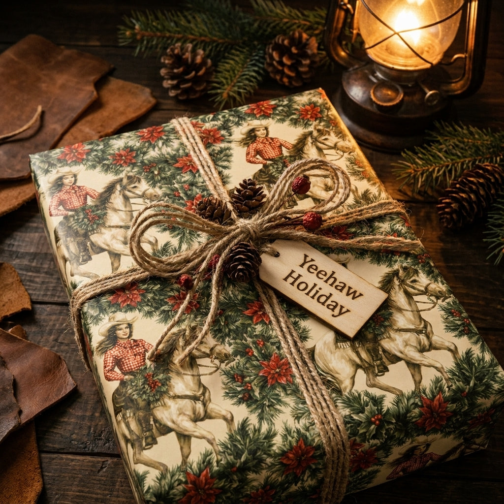 Vintage cowgirl Christmas wrapping paper with a rustic western pattern and twine bow by Wrapped Studios.