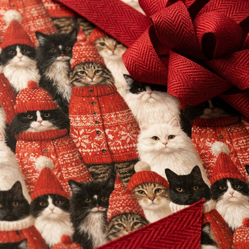 Cute cat Christmas wrapping paper featuring kittens in red sweaters and a red bow by Wrapped Studios.