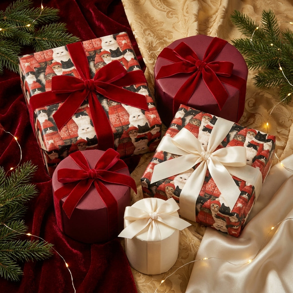 Christmas cat wrapping paper with red velvet ribbons on luxury holiday gifts by Wrapped Studios.