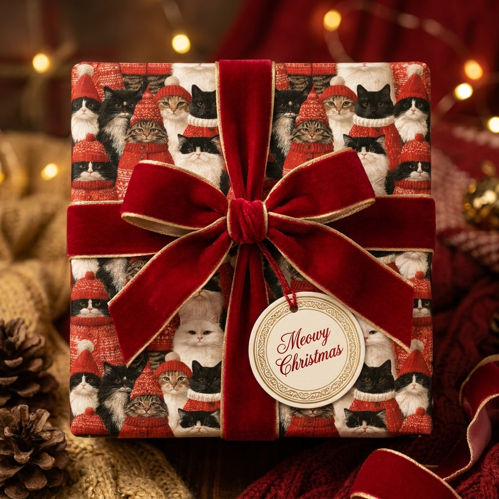 Cat Christmas wrapping paper by Wrapped Studios featuring cats in sweaters and a red velvet bow.