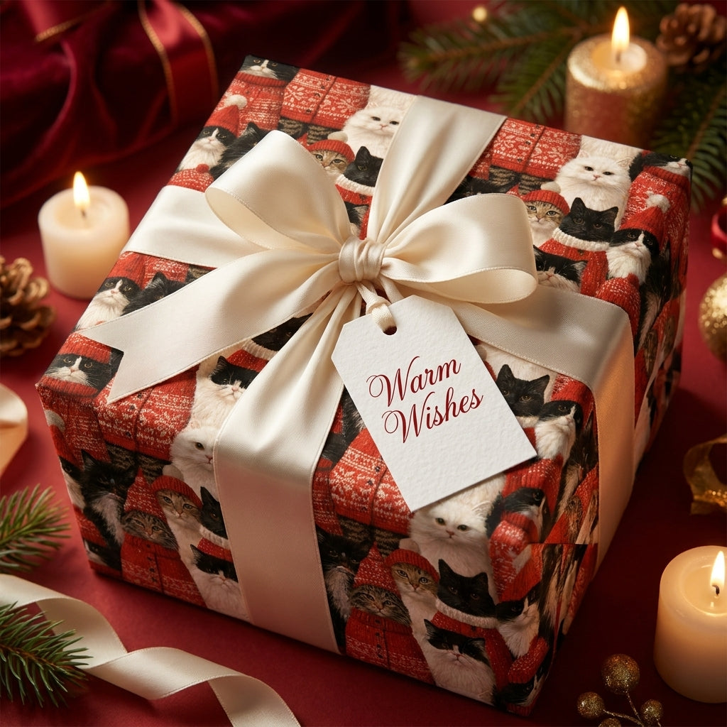 Cat Christmas wrapping paper with holiday cats in sweaters, tied with cream bow, by Wrapped Studios.