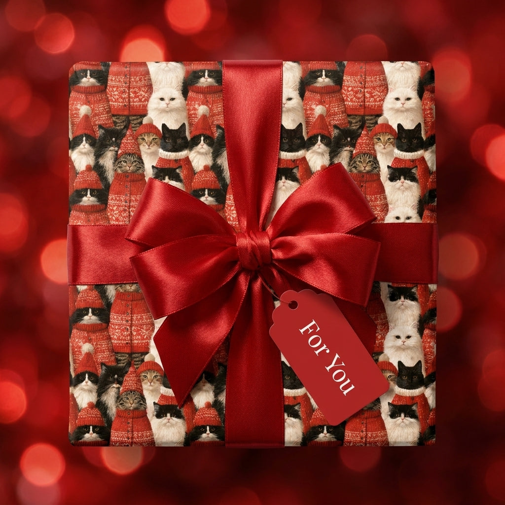 Cute cat Christmas wrapping paper with a large red satin bow and gift tag, by Wrapped Studios.