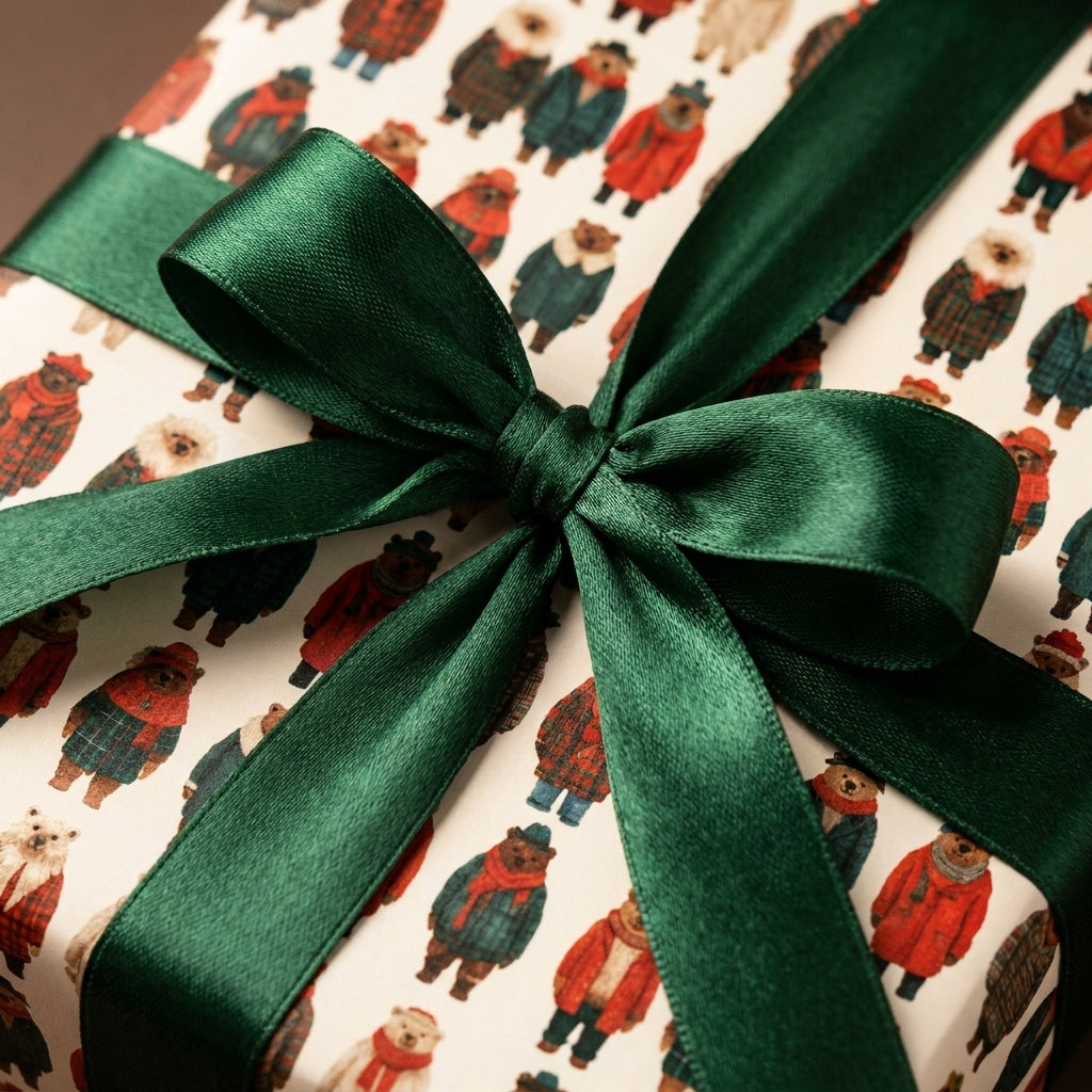 Cozy bear Christmas gift wrap tied with a luxury green satin ribbon by Wrapped Studios.