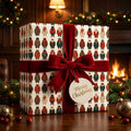 Vintage bear Christmas gift wrap with red velvet bow by Wrapped Studios in a cozy holiday setting.