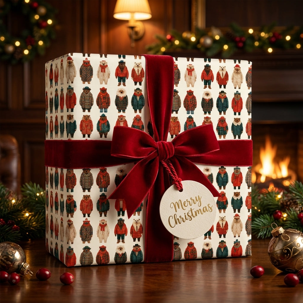 Vintage bear Christmas gift wrap with red velvet bow by Wrapped Studios in a cozy holiday setting.