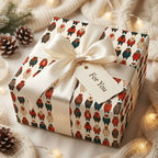 Christmas bear wrapping paper with cream satin ribbon and "For You" gift tag by Wrapped Studios.