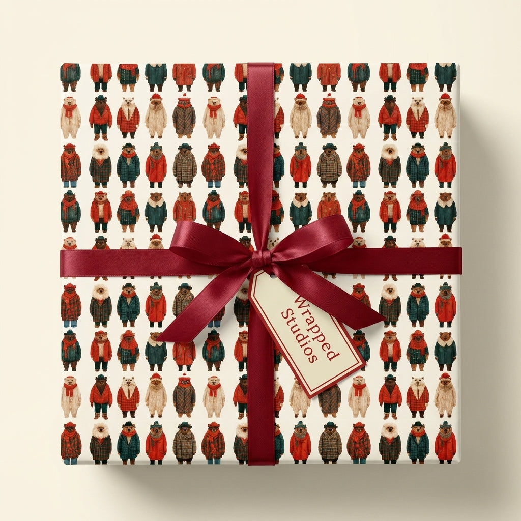 Cozy winter bear Christmas wrapping paper with a burgundy satin bow by Wrapped Studios.