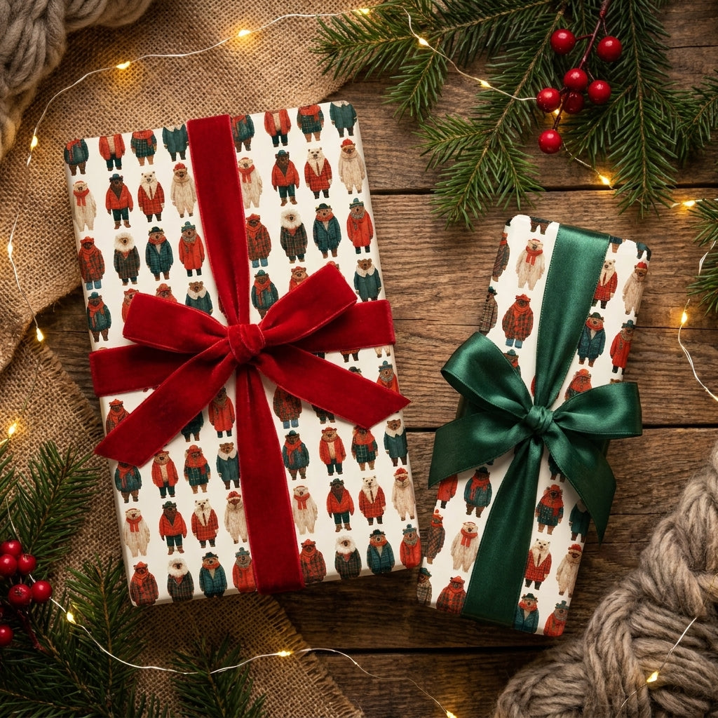 Cute winter bear Christmas wrapping paper with red and green bows by Wrapped Studios.