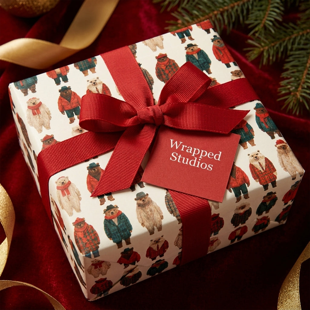 Vintage winter bear Christmas wrapping paper on a gift box with red ribbon by Wrapped Studios.