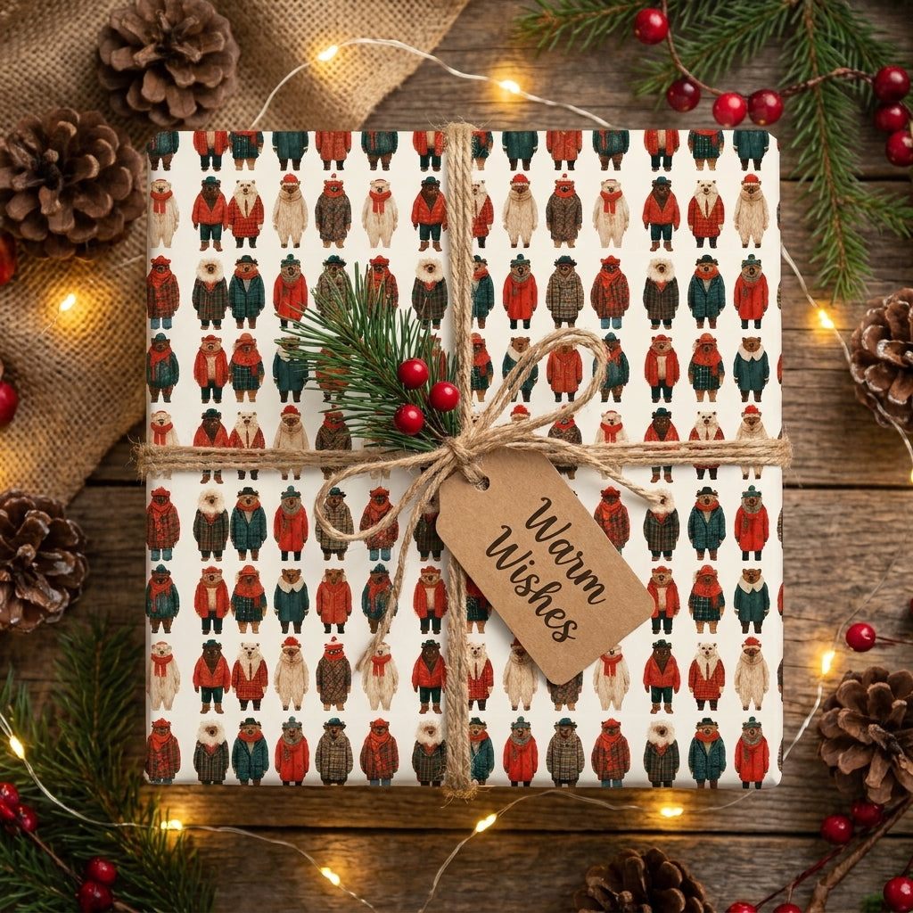 Cute winter bear Christmas gift wrap by Wrapped Studios, tied with twine on a rustic wooden table.