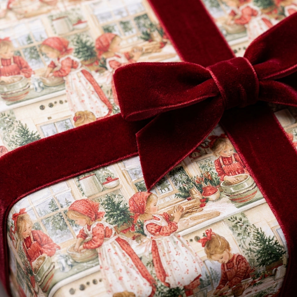 Vintage Christmas gift wrap with a baking scene and luxury red velvet bow by Wrapped Studios.