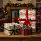 Vintage Christmas wrapping paper with nostalgic baking scene and velvet ribbons, by Wrapped Studios.