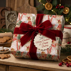 Vintage Christmas wrapping paper featuring a baking scene, tied with a red velvet bow by Wrapped Studios.