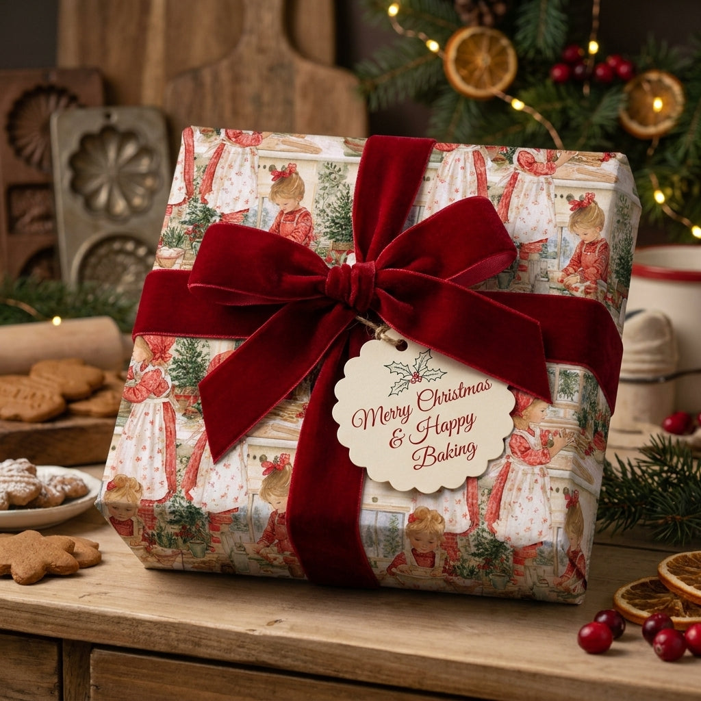 Vintage Christmas wrapping paper featuring a baking scene, tied with a red velvet bow by Wrapped Studios.