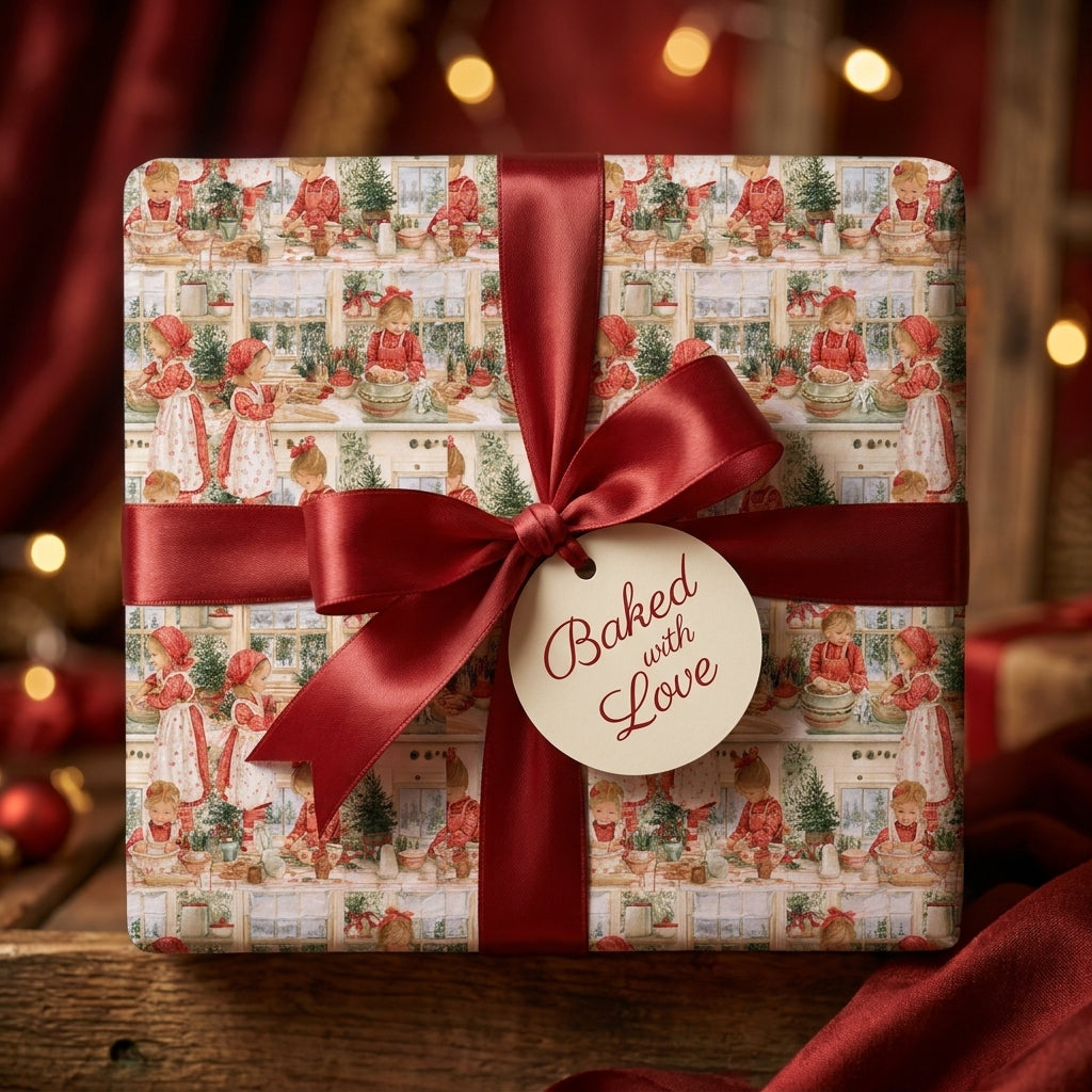 Vintage Christmas baking wrapping paper with a red satin bow and gift tag by Wrapped Studios.