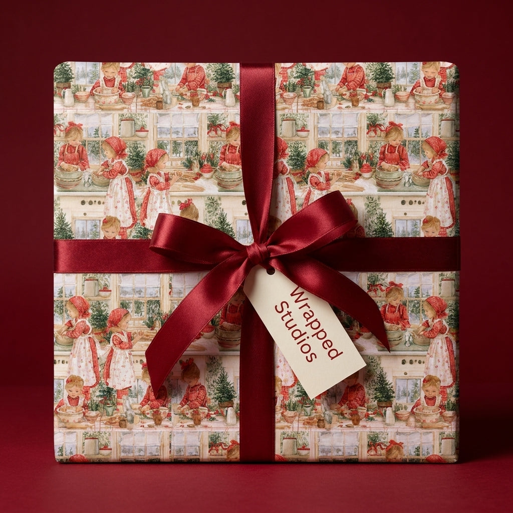 Vintage Christmas wrapping paper with holiday baking print and burgundy bow by Wrapped Studios.