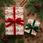 Vintage Christmas gift wrap with a holiday baking pattern and velvet bows, by Wrapped Studios.