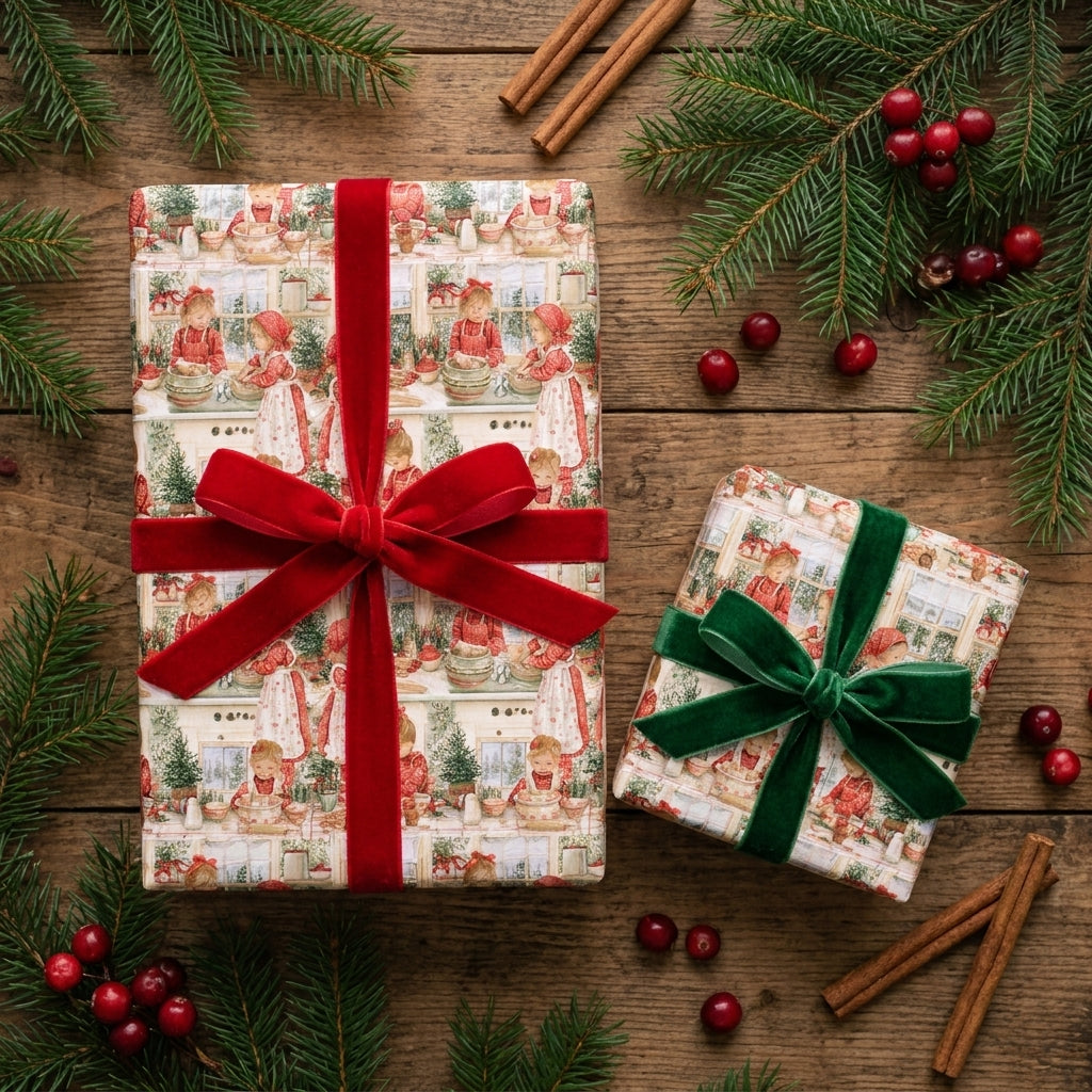 Vintage Christmas gift wrap with a holiday baking pattern and velvet bows, by Wrapped Studios.