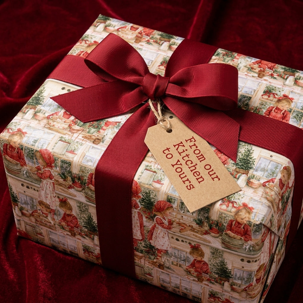 Vintage Christmas wrapping paper with a holiday baking print and red bow by Wrapped Studios.